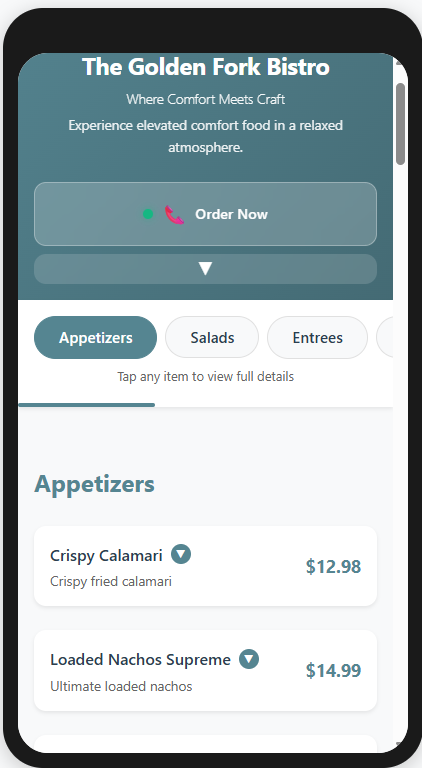 Restaurant menu displayed on mobile phone